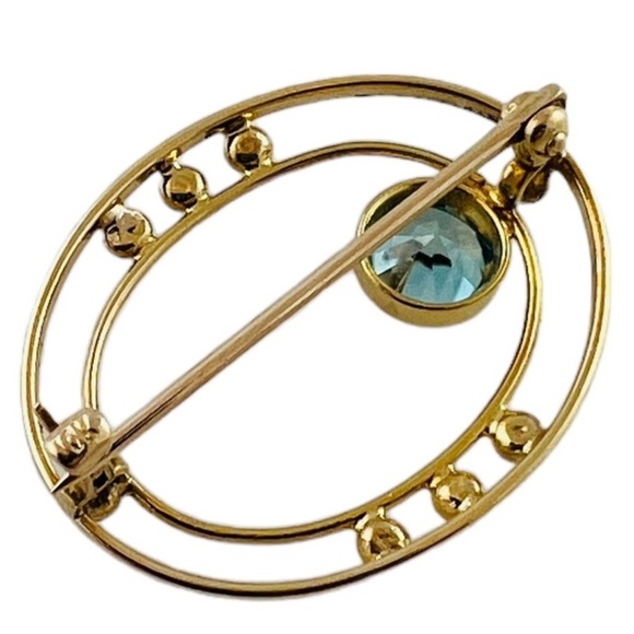 10K Yellow Gold Open Oval Blue Zircon Brooch #15684 - Picture 8 of 9